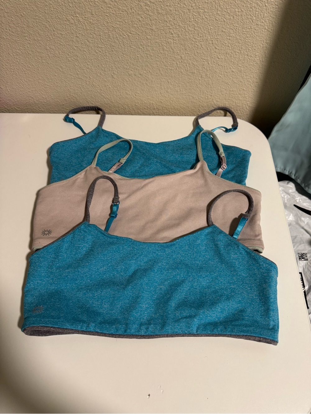 3-Pack Bleuet Bleum Reversible training bra. Teal/gray and pink/green size 14